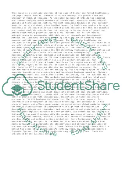 Strategic analysis of the case, fisher and paykel healthcare