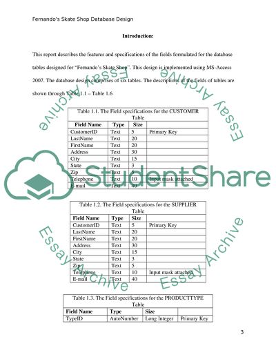 Specifications of the Database Tables