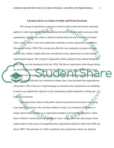 Literature Review on Culture in Public and Private Preschools