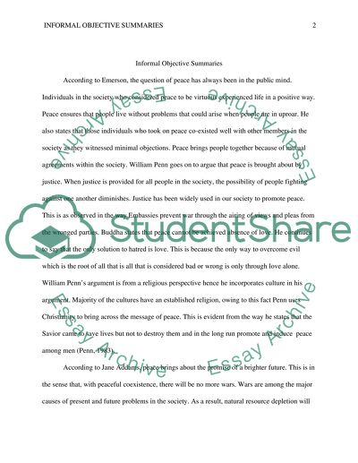 Informal Objective Summaries Buddha, Penn, Emerson, Addams, Weil