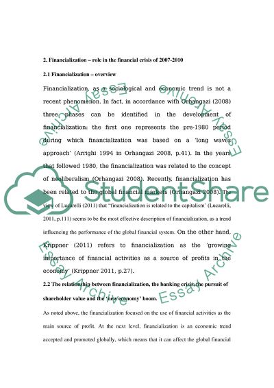 Role of Financialization in the Financial Crisis