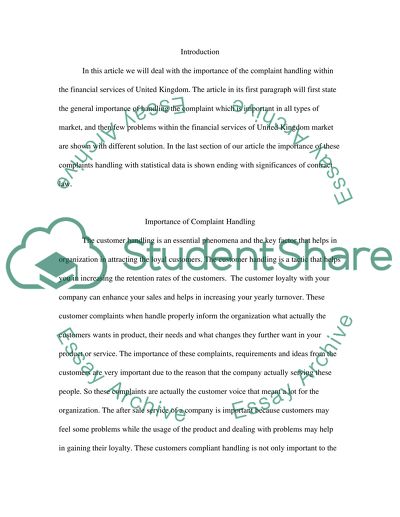 The Importance of the Complaint Handling within the Financial Services of the United Kingdom