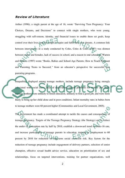 Assessment of the Effectiveness of Teenage Pregnancy