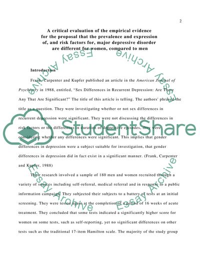 A Review of the Literature Relating to Gender Differences in Major Depressive Disorder