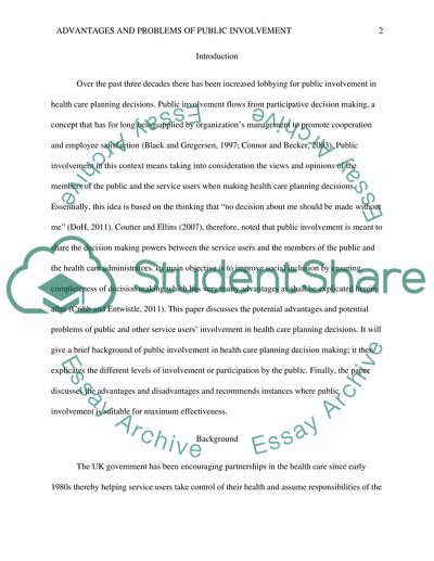 Advantages and Problems of Public Involvement in Health Care Planning Decisions