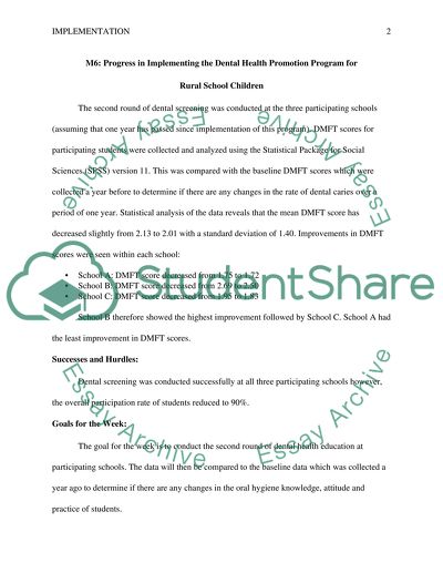 Progress in Implementing the Dental Health Promotion Program