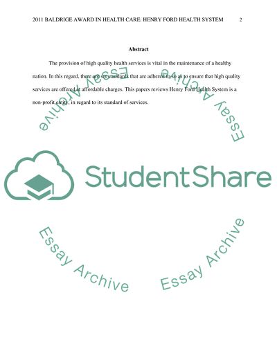 2011 Baldrige Award in Health Care: Henry Ford Health System