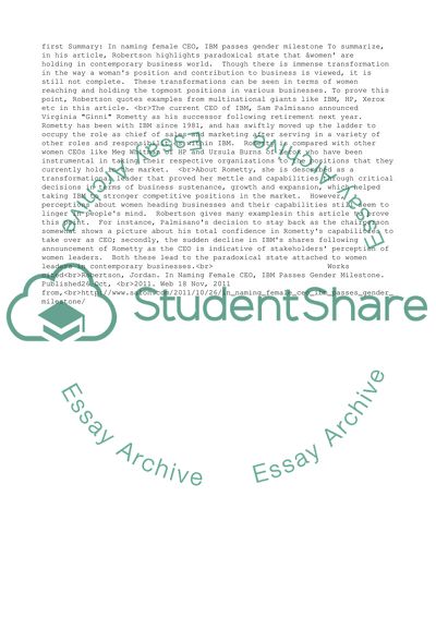 SUMMARY In naming female CEO, IBM passes gender milestone