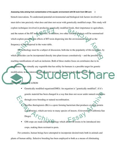 Assessing Risks Arising from Contamination of the Aquatic Environment with Bt Toxin from GM Corn