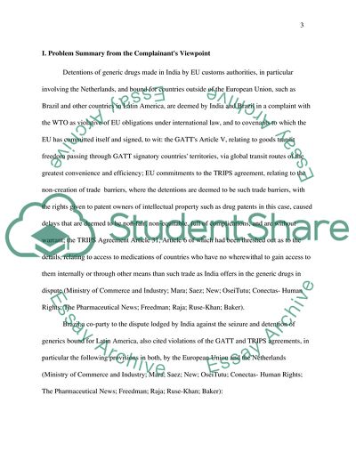 World Trade Organization (WTO) dispute simulation - Drug Seizure = India/Brazil (Complainant)
