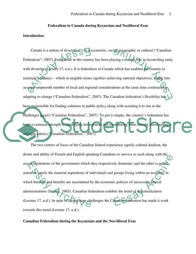 Federalism in Canada During Keynesian and Neoliberal Eras