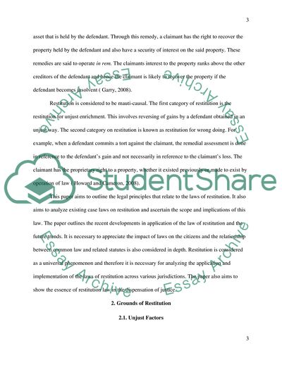 The Law of Restitution at the Claimants Expense