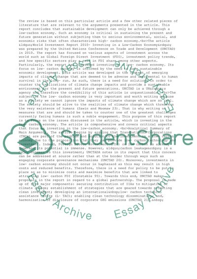 A Report on World Investment Report 2010- Investing in a Low- Carbon Economy