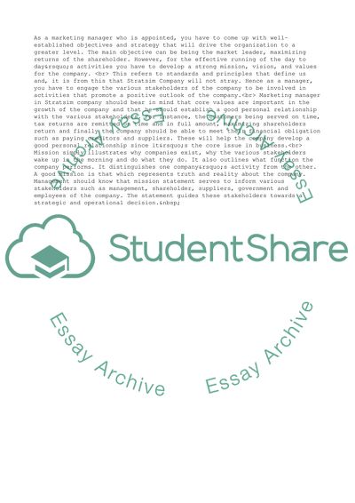 Mission, Vision and Values for the Company