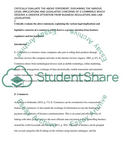 The Various Legal Implications and Legislative Concerns of Electronic-Commerce