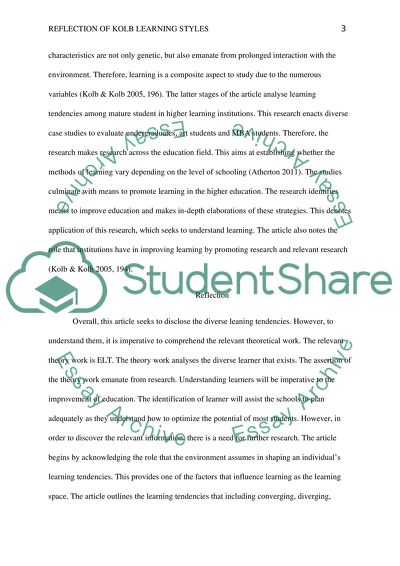 Reflection of Kolb Learning Styles