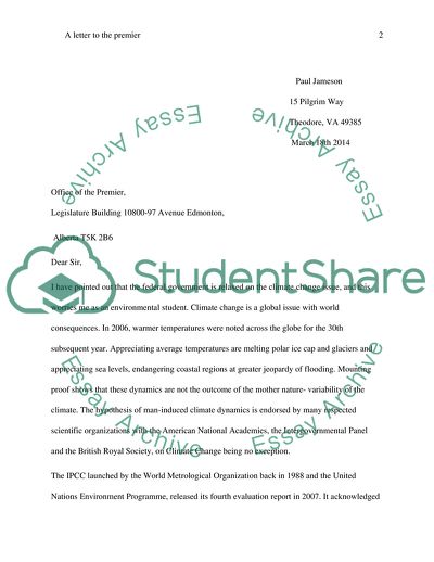 Personal Letter to the Prime Minister