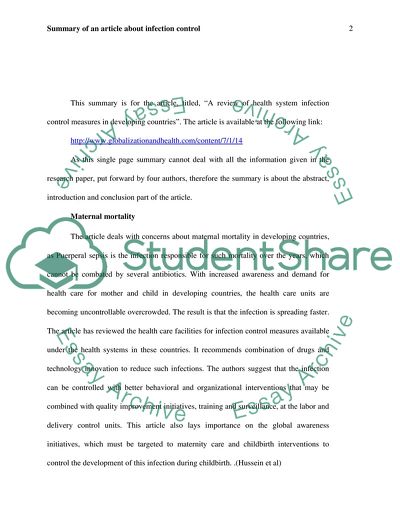 Analysis of Article about Infection Control