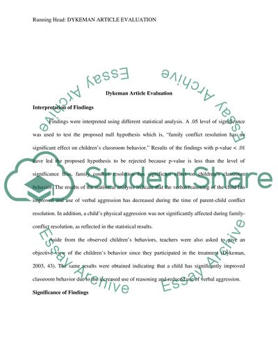 Dykeman Article Evaluation
