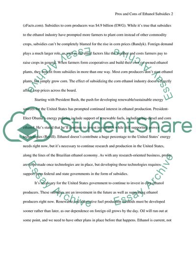 Payment of a Subsidy to Corn Ethanol Producers in the United States