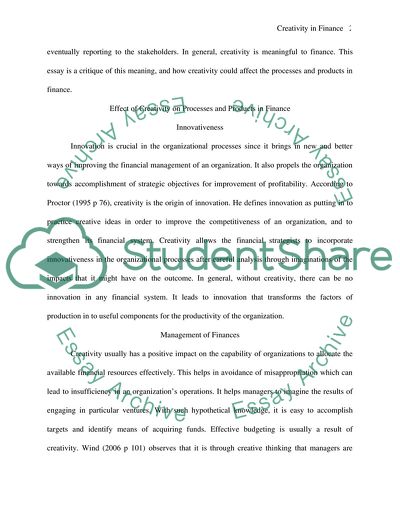 Effect of Creativity on Processes and Products in Finance Innovativeness