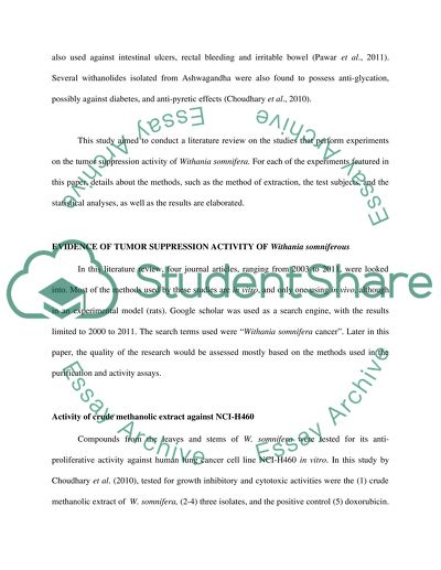 Evidence of Tumor Suppression Activity of Withania Somniferous