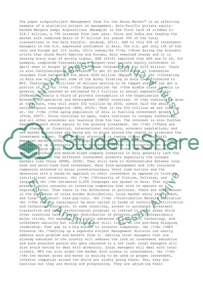 Project Management Team for the Asian Market