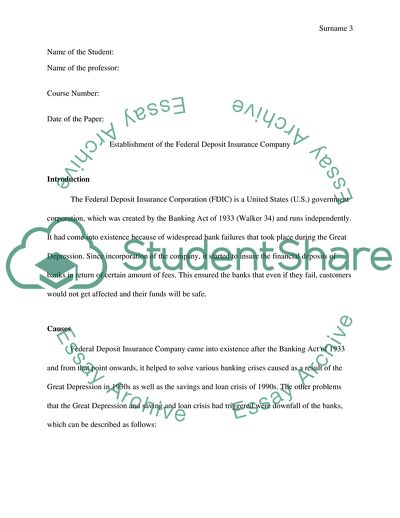 Establishment of the Federal Deposit Insurance Company