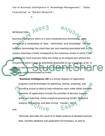 Use of Business Intelligence in Knowledge Management, Sales Forecasting or Market Research