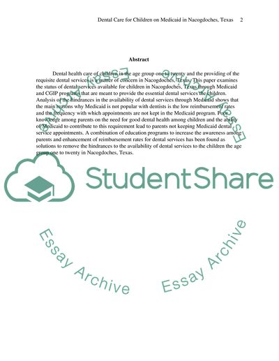 Dental Health Care for Children in the Age Group One to Twenty in Nacogdoches