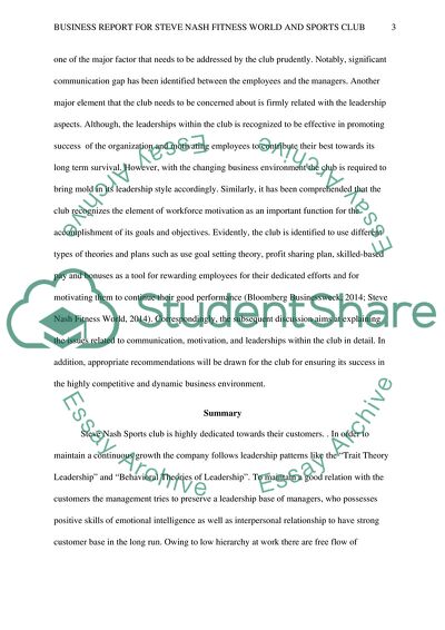 Business Report for Steve Nash Fitness World and Sports Club
