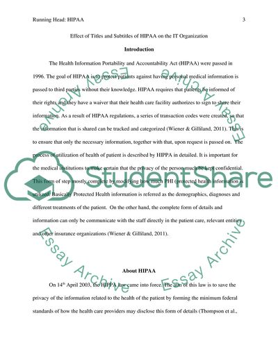Effect of Titles and Subtitles of HIPAA on the IT Organization