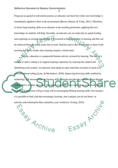 RE: Mastery in Education Specialty:Reflective Educators & Mastery Demonstration