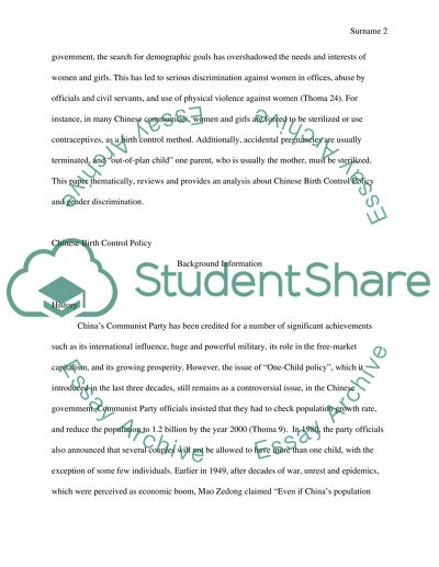 Chinese Birth Control Policy and Gender Discrimination