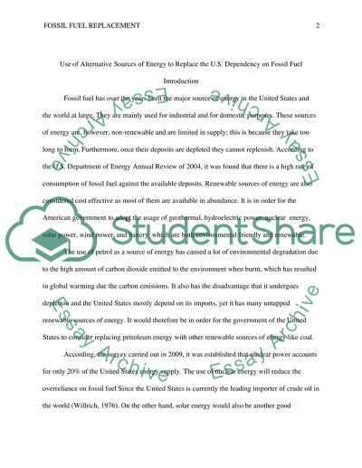 Use of Alternative Sources of Energy to Replace the US Dependency on Fossil Fuel