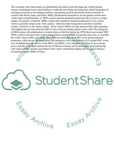 The Rise of China and the Subsequent Re-Shaping Of Business Environment for MNEs (Multi-National Enterprises)