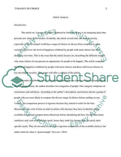 Tyranny of Choice Article Critique