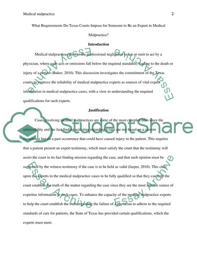 Medical malpractice. Requirements Texas Courts Impose for an Expert in Medical Malpractice
