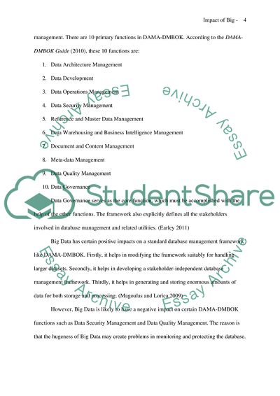 Impact of big data on data management functions