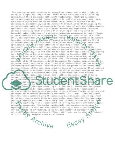 An Evaluation of Human Resources Outsourcing