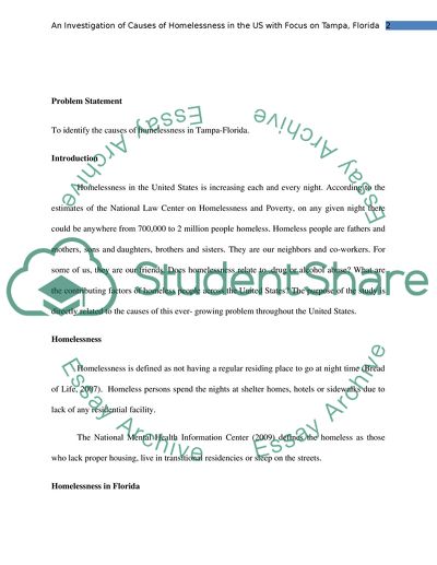 Causes of Homelessness in the US with Special Focus on Tampa, Florida