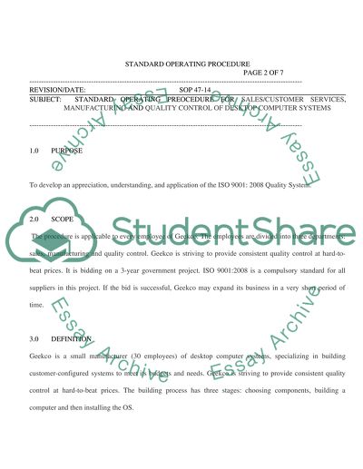 Standard Operating Preocedure For Sales/Customer Services, Manufacturing And Quality Control Of Desktop Computer Systems