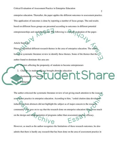 Critical Evaluation of Assessment Practice in Enterprise Education