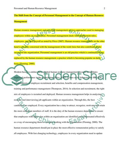 The shift from the concept of Personnel Management to the concept of Human Resource Management