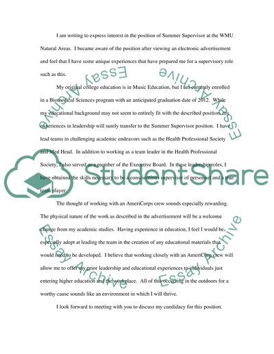 Cover Letter for Natural Areas Supervisor Position