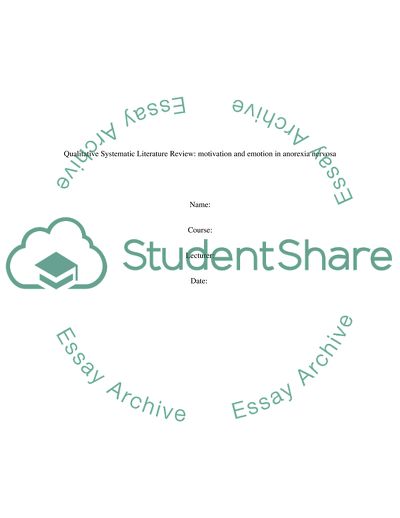 Qualitative Systematic: Motivation and Emotion in Anorexia Nervosa