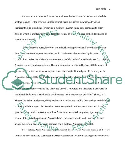 Asian American immigrants and Small Scale Businesses