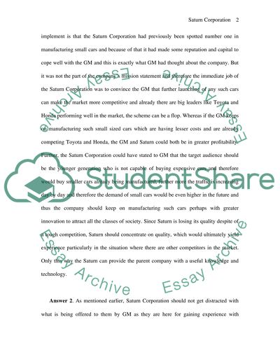 Marketing - Saturn Corporation in 1998