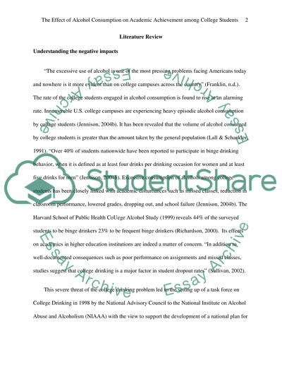 The Effect of Alcohol Consumption on Academic Achievment among College Students Literature Review