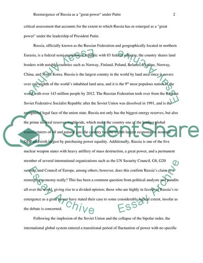 Re-Emergence of Russia as a Great Power under Putin